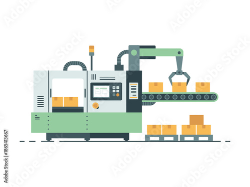 An industrial machine efficiently packages boxes on a conveyor belt in a factory setting.