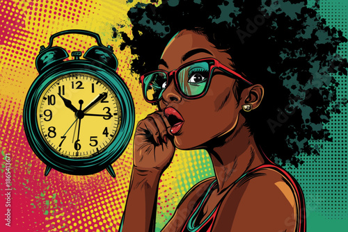 A party invitation poster in a modern pop art retro comic style depicts a sexy young African American woman with afro hair and bright makeup, sporting a wow face as an alarm clock rings in the