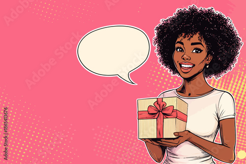 In a modern pop art style with a retro comic influence, a young African American woman is shown with a surprised and sexy expression, her mouth agape, as she holds a brightly colored gift box and has