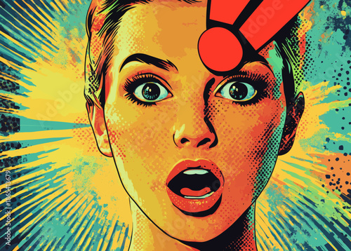Pop art style illustration of a comics panel showing a surprised girl with a blank expression and a speech bubble with an exclamation mark in a modern poster design