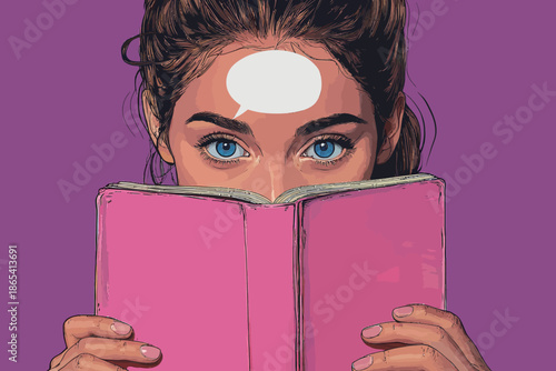 A sexy young woman, dressed as a housewife with a bow on her head and wide open eyes, is illustrated holding a large pink book, all against a vibrant and modern pop art retro comic style background,