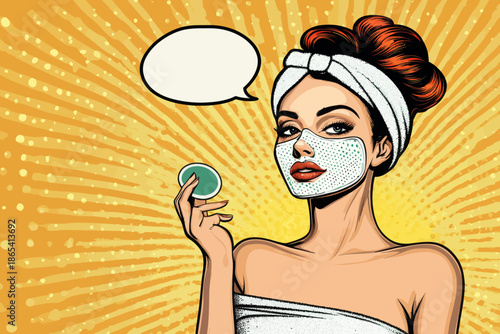 In a pop art retro comic style, a modern bright background sets the scene for a sexy young housewife, her mouth agape, wearing a bath towel and a cosmetic mask, and grasping a slice of cucumber,