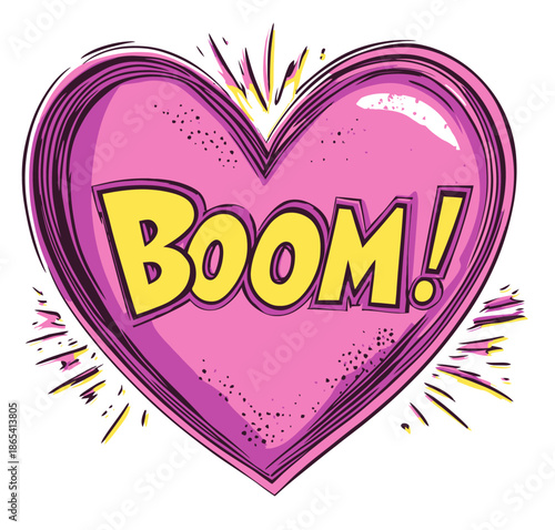 White background serves as the setting for this pop art style illustration, which features a cloud, an explosive callout for dialogue with boom text, and a closeup heart rendered in halftone