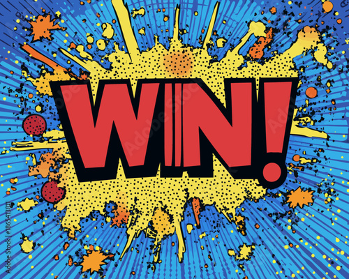 A modern illustration of a winner poster concept is set against a vibrant comic pop art background, incorporating a halftone background, amusing explosion, and diverse graphic elements and text