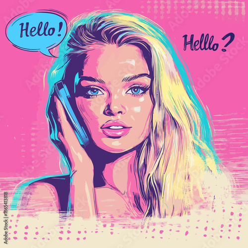 A closeup of a young blonde woman's face is illustrated in a modern pop art retro comic style, showcasing her open mouth and an old phone handset with a Hello speech bubble