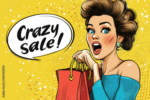 A modern and bright background sets the scene for a pop art retro comic style illustration of a surprised young woman with pink hair, an open mouth, and shopping bags, complete with a 'Crazy sale'