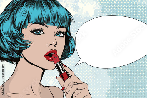 In a pop art style with a comic retro twist, a sexy girl with short blue hair is captured up close as she applies lipstick, showcasing the application of cosmetics on her face against a modern,