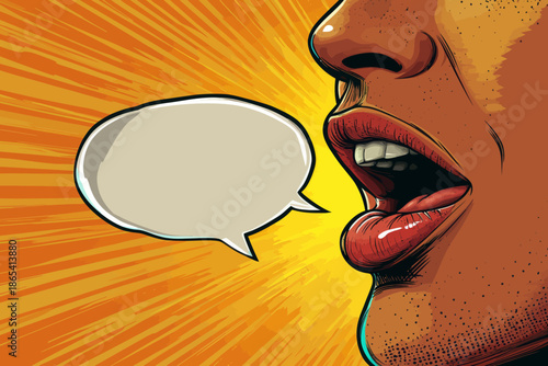 A female figure with lips and a blank speech bubble is shown in a pop art style comic illustration on a sunburst background with a dot halftone effect