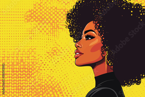 Colorful pop art illustration in a retro comic style, depicting a sexy young black woman with an afro hairstyle and big earrings on a halftone background