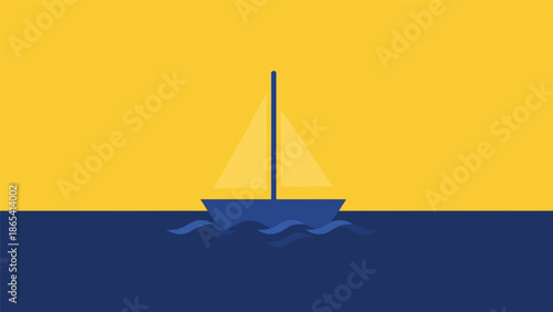 Sailboat on calm blue ocean against yellow sky.