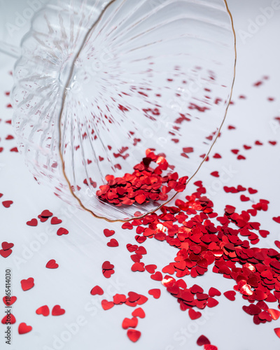 Red heart-shaped confetti spilling from a transparent glass bowl on a white background. Romantic concept symbolizing love, celebration, Valentine’s Day, weddings, emotions, and special moments.