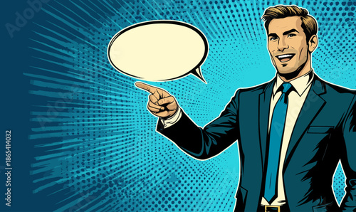 Business concept is being discussed by a businessman in a cartoon modern illustration created in pop art retro comic style