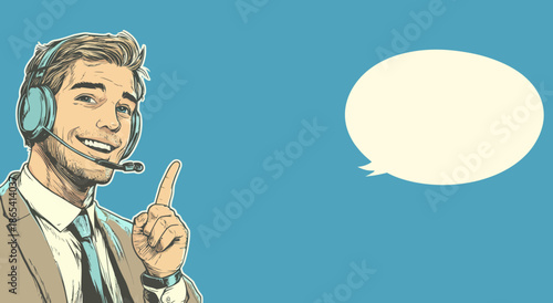 A cartoon modern illustration shows a businessman with a headset on, representing call center, support, or service, dressed in a business suit