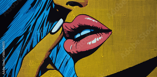 A stylized pop art banner features a woman with her finger on her lips, making a gesture that means keep quiet or shut up