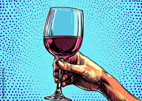 In this pop art scene, a woman from an old vintage poster is shown holding a red wine glass, while her hand grasps the beverage and a speech bubble is visible, with the entire image set against a