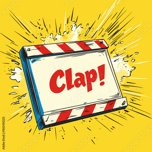 This modern retro cinema illustration showcases a clapperboard accompanied by a speech bubble bearing the word Clap, all on a vibrant vintage manga style background