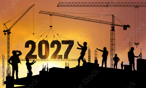 New Year 2027 concept for marketing and future planning. Construction crane silhouette lifting number 2027 at building site. Business growth, development and goals concept. Realistic vector.