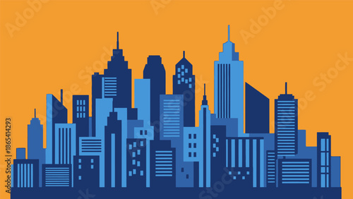 City skyline with tall buildings and skyscrapers against orange background.