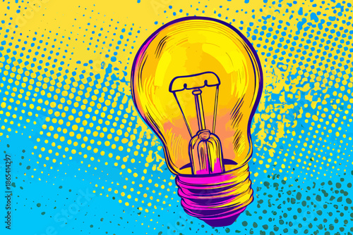 The idea concept is visually represented as a pop art light bulb on a blue-colored background