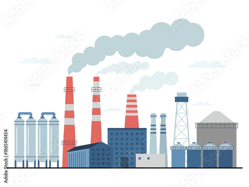 An industrial factory complex with smokestacks emitting pollution into the air