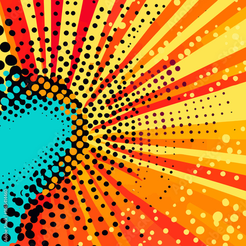 The design features a retro halftone dot pattern on a pop art background with an abstract colorful strip in shades of red, orange, blue, green, and yellow, perfect for creating modern comic