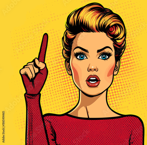 Vibrant colors bring to life a surprised woman and an exclamation point, illustrated in the style of modern pop art with a retro comic twist