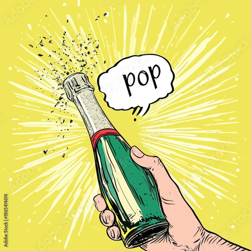 Alcohol drink illustration in pop art style with a modern champagne cork popping