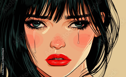 A close-up illustration of a beautiful girl in pop art style shows a crying woman with a tear on her face and vibrant red lips, all on a red background, signifying themes of women's health and