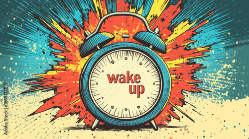 A bright and dynamic illustration in the style of retro pop art, showcasing a comic alarm clock accompanied by a speech bubble bearing the words wake up, all set on a visually striking halftone