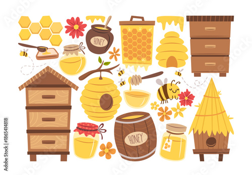 Apiary business, organic farming, natural honey essential bee products and tools cartoon set