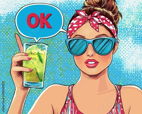 A pretty girl is illustrated in a pop art style, wearing a white t-shirt, sunglasses, and a headband, and holding a cocktail with a straw while signaling OK