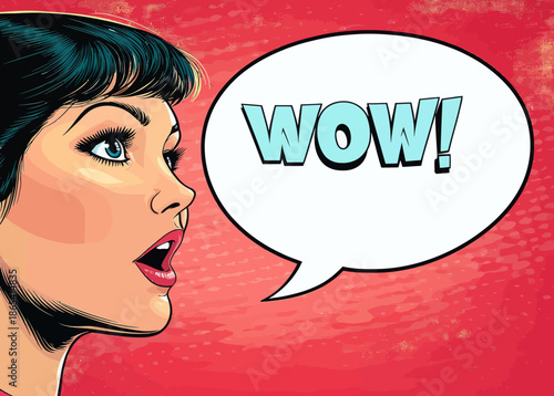 A pop art-inspired image features a woman with a surprised face, red curly hair, and a bold turquoise background, evoking the style of retro comics