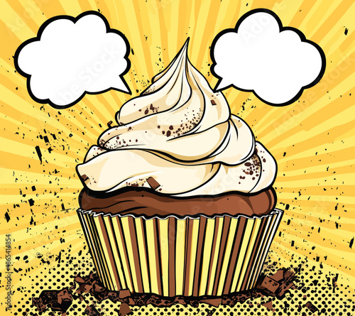 This pop art-inspired illustration presents a scrumptious cupcake, decorated with half a strawberry, chocolate fragments, and striped waffle sticks, topped with a generous helping of whipped cream,