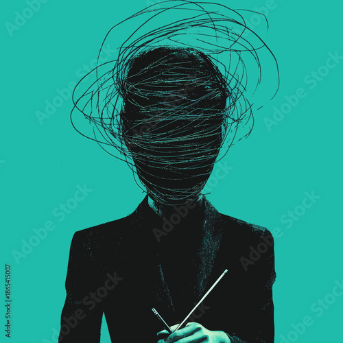 Trendy urban magazine styles influence this modern design, which incorporates a contemporary art collage and depicts a woman's thoughts on a blue background