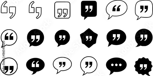 Set of quote mark. Quotes icon vector set. Quotemarks outline, speech marks, inverted commas or talking marks collection. Talk bubble speech icon. Black quotes icon. Vector illustration. 
