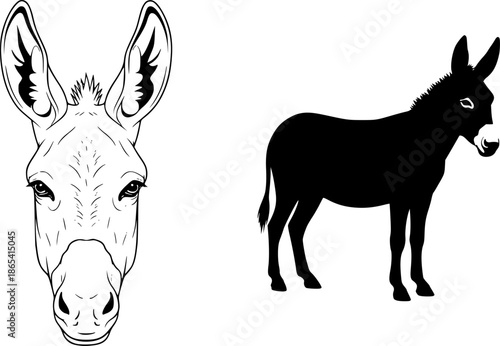 Illustration showing a donkey face and a donkey silhouette in black and white color scheme design editable vector

