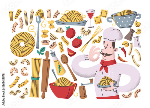 Hand drawn sticker set featuring various pasta types, Italian food elements and chef character