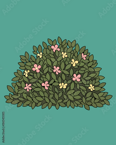 A vibrant, blooming bush with small pink and yellow flowers, set against a calming teal background, representing the beauty of nature in full bloom