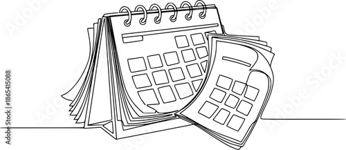 Loose-leaf calendar in one continuous line art vector illustration. Calendarr Doodle contour vector illustration
