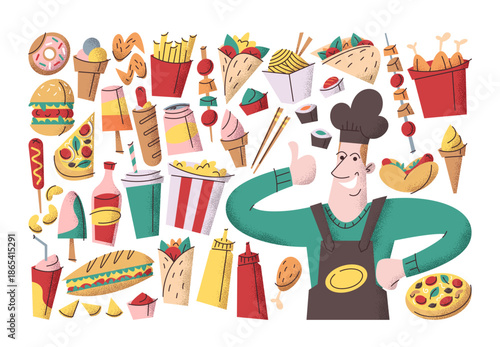 Popular street food stickers hand drawn set with satisfied master chef character gesturing thumbsup