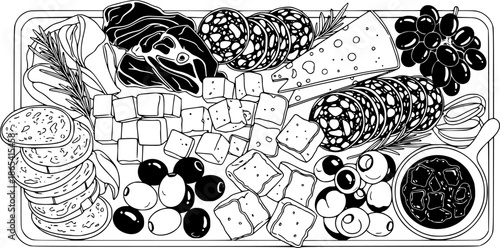 vector illustration of charcuterie board with cheese, appetizer, ham, olives, restaurant, tapas, spanish food

