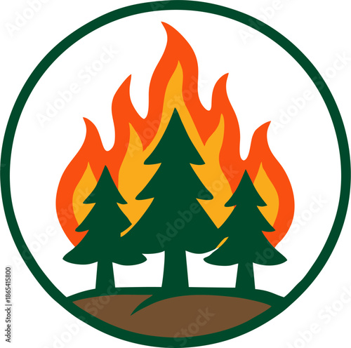 Forest fire vector icon in green circle emblem, burning pine trees with orange flames on brown ground for wildfire warning logo and environmental graphics