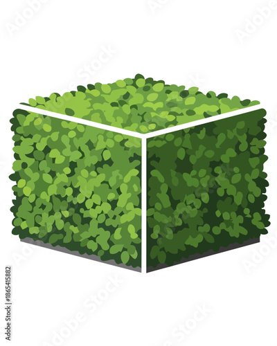 Neatly trimmed verdant cube bush illustration, a perfectly manicured garden element representing geometric precision in landscaping and horticulture