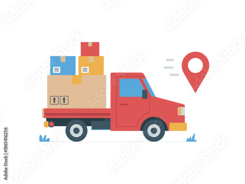 A red truck loaded with boxes and packages is driving to a delivery location marked by a red pin.