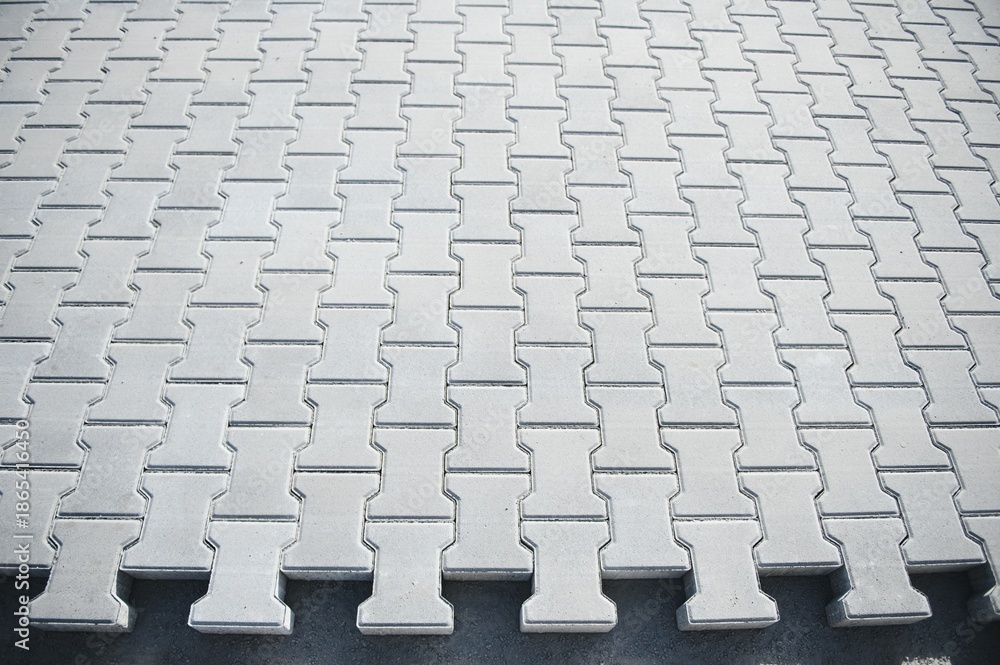 Fototapeta premium Laying paving slabs. Gray stone blocks for laying park paths