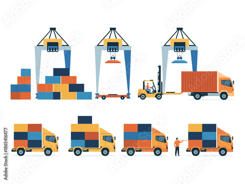 A vibrant illustration of a bustling shipping yard with colorful containers and trucks