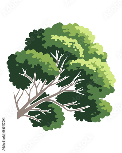 A stylized depiction of a vibrant green tree with abundant foliage and exposed branches, an eco-friendly graphic element perfect for natural themes and designs