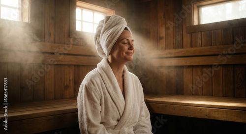 Woman relaxing in a traditional wooden sauna with steam and natural sunlight