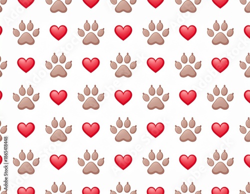 A repeating pattern of cute brown paw prints and red heart emojis on a white background.