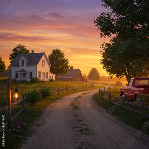 Rustic Farmhouse at Sunset with Vintage Truck and Wooden Fence